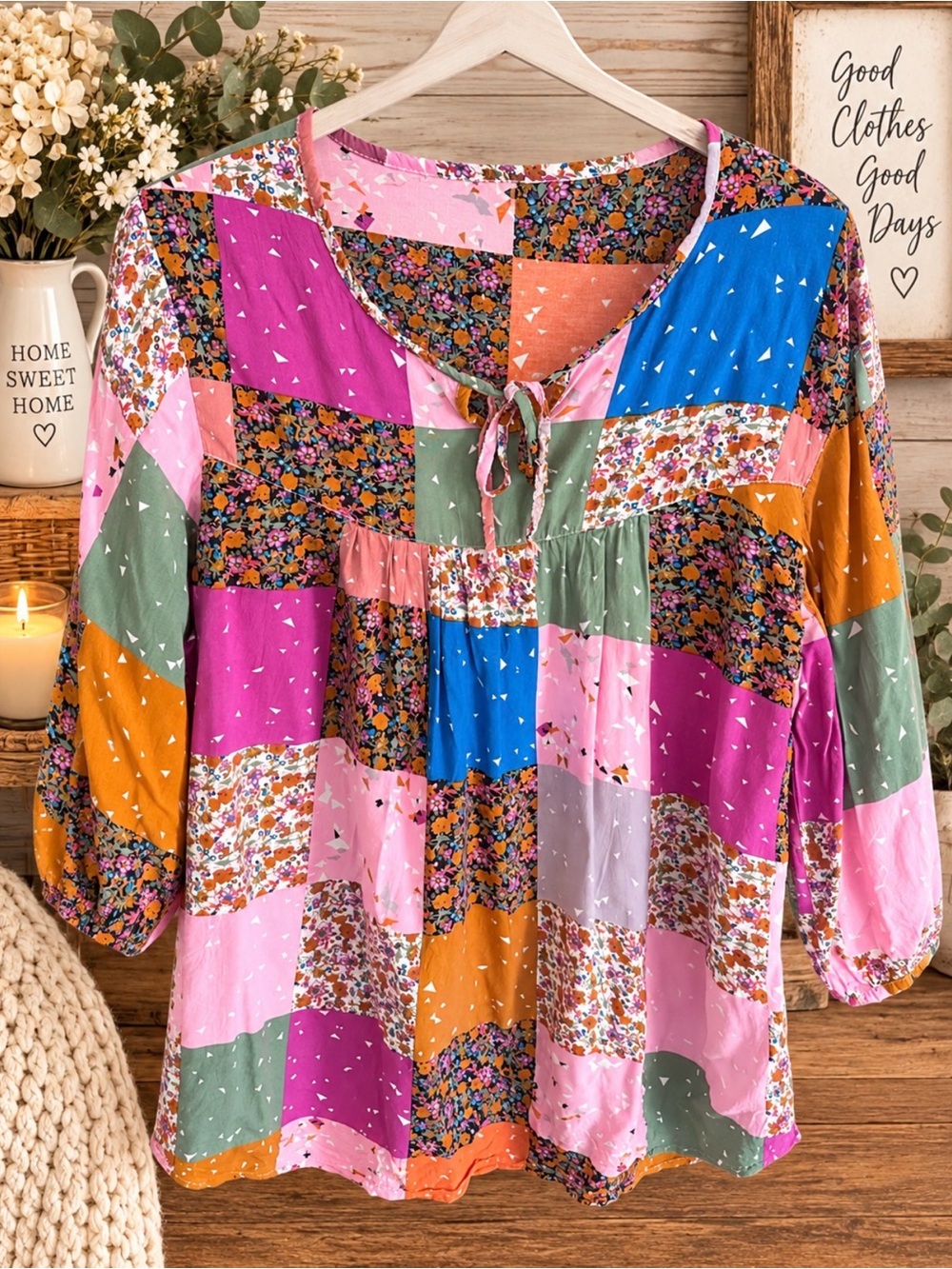 Patchwork Floral Tie-Neck Tunic Top - Pink Multi